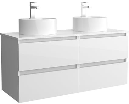 Mueble de Baño BEQUIA 140cm Blanco Brillo | Lavabo sobre encimera Porcelana Centrado