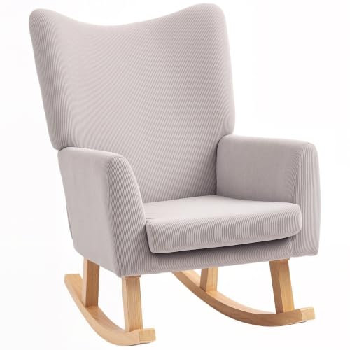 HOMCOM Schaukelstuhl mit Hoher Rückenlehne, Breiter Armlehne, Hellgrau | Schaukelsessel, Cord-Optik, Schwingsessel Sessel Relaxsessel, Holzkufen, Stillsessel für Wohnzimmer, Schlafzimmer, Balkon