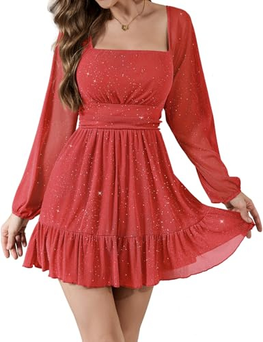 Bridesmay Women's Sparkly Lantern Sleeve Short Party Dresses 2026 Square Neck Flowy Mini Prom Dress