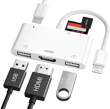 Light-ning auf HDMI Verbindungshub 6-in-1,OTG Konverter mit SD/TF Kartenleser und 2 USB Ports,1080P 60Hz Full HD,ohne zusätzliche Stromversorgung,ohne App,nutzbar für alle iOS Geräte,Weiß