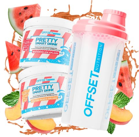OFFSET Nutrition Vitamin Pulver Ice Tea Peach & Watermelon [Zero Zucker] mit Shaker | 80 Portionen | Multivitamin Pulver | 12 Vitamine & Aminosäuren | Vitamin B6, B12 & C, D,E pro Portion