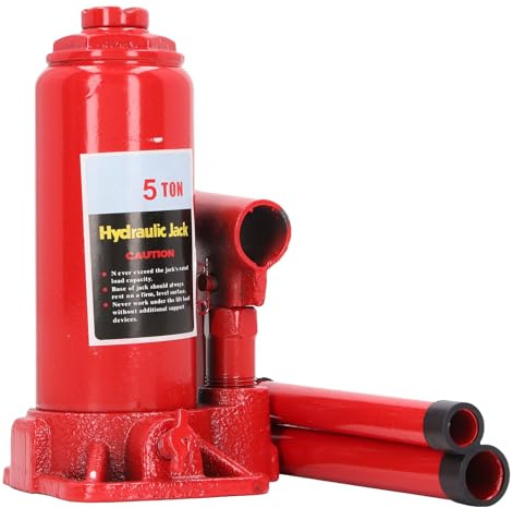 Hydraulischer Flaschenheber, 5 Tonnen, robuster, vertikaler, handbetriebener Wagenheber mit Sicherheitsbypassventil zum Anheben und Reparieren von Fahrzeugen. Stahlkonstruktion