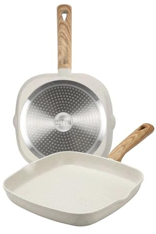 INDE QUTTIN - Sartén Asadora Ecook 28x28 cm Antiadherente Cerámica PFAS Free, Aluminio Reciclado, Sin Tóxicos, Apta para Inducción Gas Vitro Eléctrico Halógeno, Mango Detalle en Madera