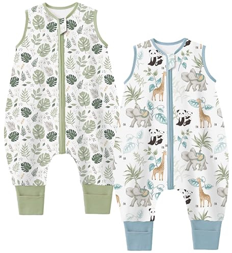 Teechodina Baby Schlafsack mit Füßen 2er Pack 100% Baumwolle 1.5 Tog Baby Schlafsack mit Beinen für kleine Kinder, 1.5 Tog/Zoo + Pflanzen, 80cm/Baby Höhe 90-100cm