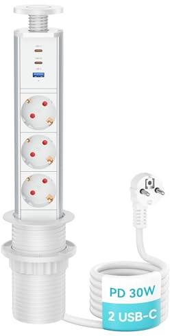 Airmom Enchufe retráctil de 3 enchufes con 2 USB-C PD 20 W y USB A, Enchufe empotrable para Cocina, Color Blanco, para encimera, Oficina, Cocina, Taller, 1,8 Cables de 60 mm de diámetro