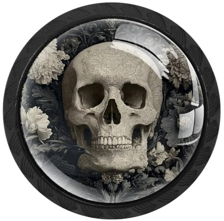 Lot de 4 boutons de porte de placard ronds blancs en forme de tête de mort et fleurs, 35 mm de diamètre, avec 8 vis pour armoire, meubles