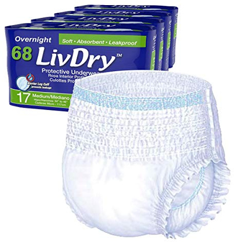 LivDry M Overnight Adult Diapers for Women and Men, Incontinence Underwear, Medium, 68-Pack