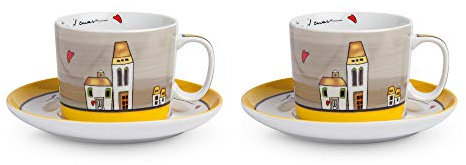 Egan Set Tazze Colazione con piattini Collezione Le Casette. Oggetto Realizzato in Porcellana di Colore Giallo e Bianco e Multicolore. Dimensione: 10 cm. La referenza è PLC12/1G