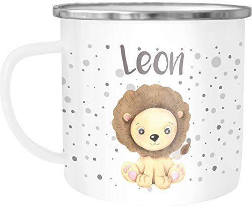 SpecialMe® Emaille-Tasse mit Namen Löwe Namensbecher Emaille-Becher personalisierte Geschenke weiß-metall Emailletasse