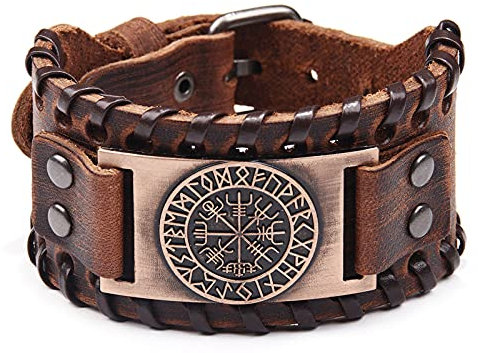 Braunes Wikingerarmband – verstellbare Manschette, Armreif mit Vegvísir-Kompass, nordisches Amulett – keltisch-heidnischer Talisman-Schmuck, 18 to 22.5cm, Leder