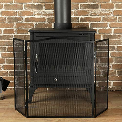 OUPAI Pantalla Chimenea Protector de Chimenea para Niños 3 paneles Malla decorativa Plegable Valla de protección de chispas de hierro forjado para estufa de leña/gas/fuego de estufa con cubierta d