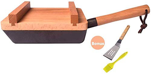 Tamagoyaki Padella Mini Padella non rivestita Rettangolo in ghisa Padella per frittata giapponese con coperchio in legno Può come piatto da portata per gli ospiti, Nero