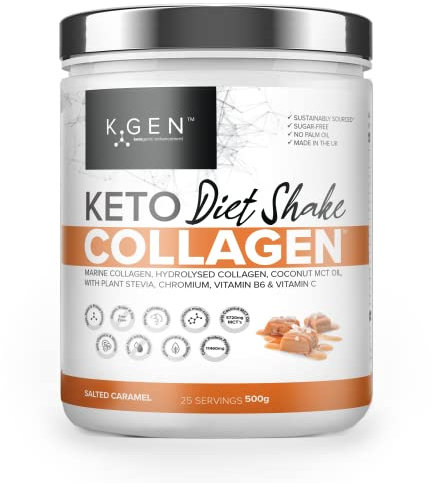K-GEN Diet Shake Meal Replacement Keto Collagen Powder | Multi Collagen Protein with MCT Oil, Vitamin C | Advanced Keto Complete Powder for Meal Replacement Gluten & Sugar Free (Salted Caramel 500g)