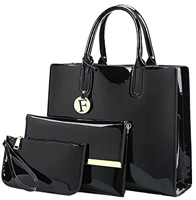 NIYUTA Borse a mano donna moda Pelle verniciata Borse a tracolla Alta capacità Set 3 pezzi Borse a spalla nero