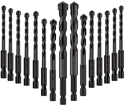 15 pcs Black Masonry Drill Bits Set, Mgtgbao Ceramic Tile Drill Bits Carbide Tip for Glass, Brick, Tile, Concrete, Plastic and Wood with Size 4mm,5mm,6mm,8mm,10mm,12mm