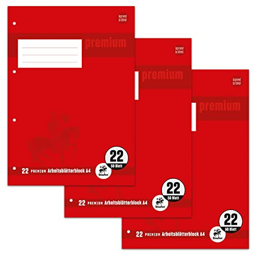 Staufen Premium Arbeitsblätterblock - DIN A4, Lineatur 22 (5mm kariert), 50 Blatt, 4-fach Lochung, 90g/m² Premium Papier, 3 Stück