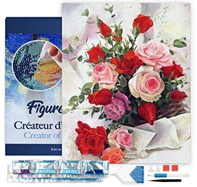 Figured'Art Diamond Painting Erwachsene 40x50cm Mit Rahmen Ganze Leinwand gespannt Schöner Rosenstrauß 5D Bilder Eckige Steine - DIY Set Basteln