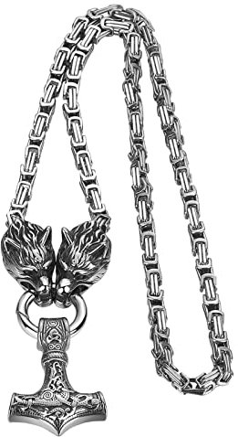 Oidea Viking Mjolnir Necklace for Men: Punk Stainless Steel Thors Hammer Necklace Amulet Pendant Heavy Duty Wolf Head Byzantine Chain Norse Pagan Jewelry Gifts, Silver
