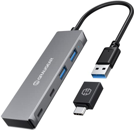 GRAUGEAR | HUB USB 3.0 | 4 Ports | 2X USB-C | 2X USB-A | Aluminium | Kabellänge 20 cm | USB Type-C Adapter | 5Gbit/s | G-HUB2A2C-AC, 18042