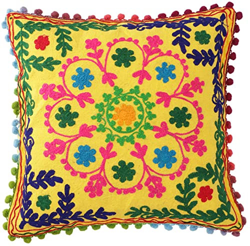 GURU SHOP Boho Kissenhülle, Farbenfrohes Besticktes Folklore Kissen im Mexikanischem Style - Gelbl/pink, Baumwolle, 40x40 cm
