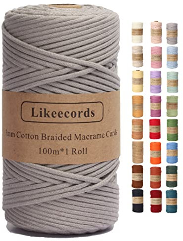 Likeecords Makramee Garn Geflochten 3mm x 100m,100% Natürliches Baumwollschnur Makramee-Schnur, Makramee-Seil, Bunte Bastelkordel aus Baumwolle für Taschen, Wandbehänge, Pflanzenaufhänger (grau)