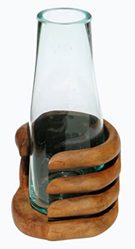 Wogeka - Glas Vase in Hand Gamal Wurzel-Holz - im modernen Style aus Holz als Geschenk-Idee zu Weihnachten Geburtstag Dekoration (Hand05 Ø Glas 11 cm)