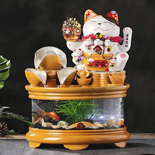 Fontaine d'intérieur cascade Fontaine Chute d'eau en verre avec Fish Tank Lucky Cat, intérieur en céramique décorative Cascading Fontaine for Bureau Plateaux Indoor, Idées de Noël Relax Fontaine Zen d