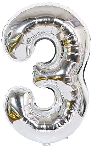 D2D | Party Balloon Zahl 3 XXL in Silber - Größe 100 cm - Folienballon - Zahlenballon - Geburtstagsdeko - Helium Ballon