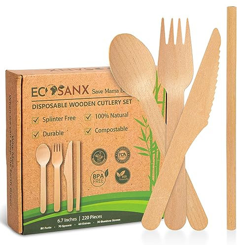 220 PCs Wooden Cutlery set, 6.5 Splinter Free disposable cutlery for parties, Biodegradable, Eco Friendly, 80 wooden forks 70 disposable spoons 40 knives & 30 Bamboo Straws for Outdoor, Events & More