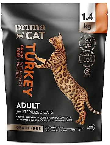 PrimaCat - Getreidefreies Trockenfutter für sterilisierte Katzen, Geschmacksrichtung Truthahn und Insekten, 1,4 kg