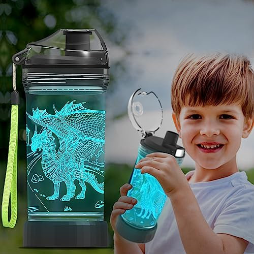 Ammonite Dragon Water Bottle, 3D Glowing LED Light - BPA Free Tritan - Travel Cup Gift for Back to School Boy Child Holiday Camping Picnic