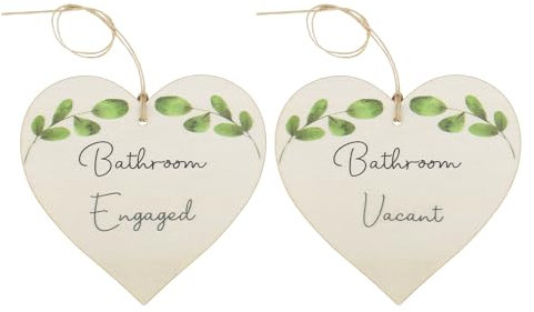 SG Store 2pcs Hanging Signs for Bathroom Double Sided Wooden Heart Shaped Sign Leaf Accents Bathroom Door Handles Includes Hanging Ropes