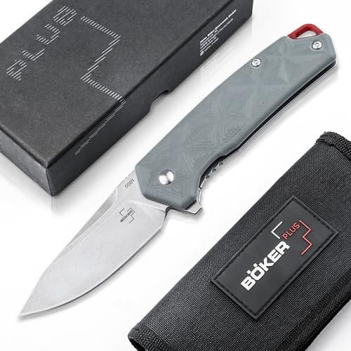 BÖKER PLUS® Gemtek Frame-Lock Knife - edles EDC Taschenmesser mit Clip - Flipper Messer mit Kugellager - D2 Drop-Point Klappmesser mit G10 Griff grau - Camping Faltmesser mit Etui in Geschenk-Box