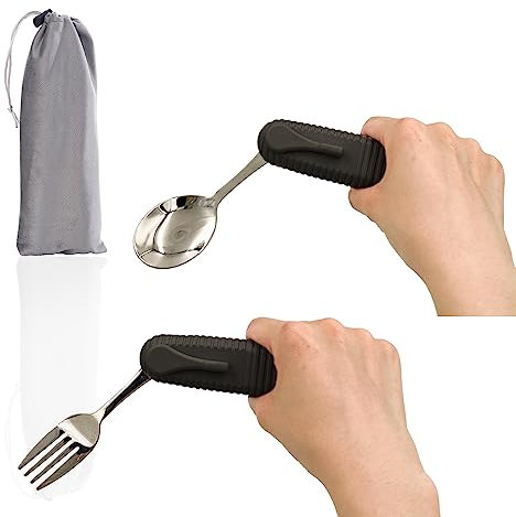 Forzaddik Adaptive Utensils Spoons Forks Set,Open Handle Design Provides Several Positions for Arthritis, Disabled People, Elderly (Black)