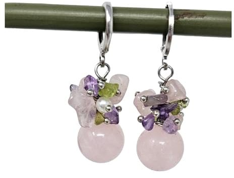TreasureBay Classic Handmade Natural Gemstone Beads Dangle Drop Earrings for Women Teen Leverback Gold Plated (Rose Quartz)