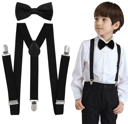 Tokaneit Bambino Papillon Set, Cinghie Regolabili, Bretelle Y per Bambini, Papillon Nero