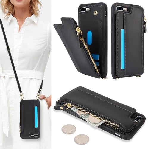 SailorTech Coque pour iPhone 7 Plus Étui avec Porte-Cartes de crédit, Etui pour iPhone 8 Plus Housse avec Courroie de Cou Portefeuille avec Fentes pour Cartes de crédit-Noir