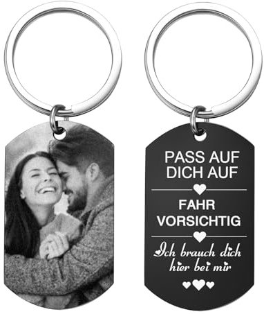 Schlüsselanhänger Personalisiert Foto Geschenk für Ihn - Personalisierter Schlüsselanhänger Freund Auto mit Gravur Bild Fotogeschenke für Männer Papa Partner Ehemann Bruder (A-PASS AUF DICH AUF)
