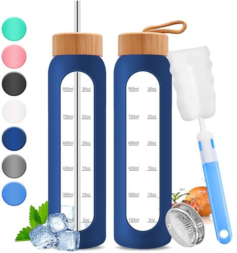 32oz Glass Water Bottle with Time Marker - 1000ml Large Motivational Water Bottle with 2 Bamboo Lids, Sealed & Straw Hole, 1L Bottle for Fitness with Stainless Steel Straw & Silicone Case (Dark Blue)