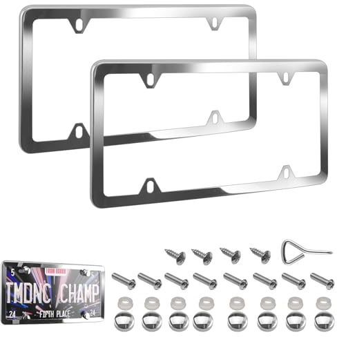 ELECTRONLUMEN - License Plate Holder Stainless Steel Silver for US Standard 4-Hole Rustproof Number Plate Frame with Chrome Screw Caps Pack of 2