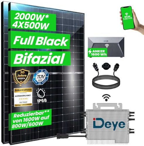 CamperGold® 2000W Balkonkraftwerk 1600W komplett Steckdose - Photovoltaik Solaranlage mit Deye Wechselrichter 1600W, Wielandstecker und 1,6 kWh Solarspeicher von Anker