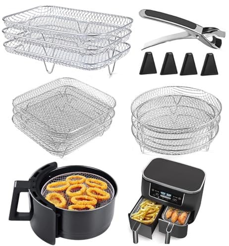 pofluany Stapelbare Air Fryer Racks Edelstahl Air Fryer Rack 3-lagig Quadratisch Rund Rechteck Air Fryer Rack Set Edelstahl Dehydrator Rack mit 4 Silikonfüßen Verbrühungsschutz Clip Rechteck