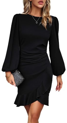 HUXRAKV Dresses for Women UK Elegant Cocktail Dresses Long Puff Sleeve Bodycon Ruffle Hem Ladies Evening Party Formal Business Dress
