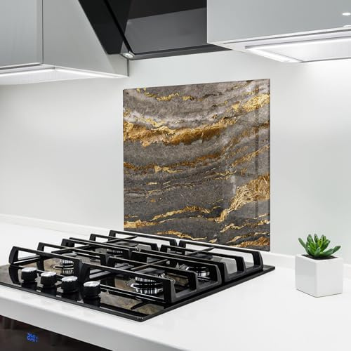 ARTHUB® Glass Kitchen Splashback 60x60 cm, Tempered Glass 4mm | Heat Resistant, Stove Splash Guard, Wall Protector, Abstract, Dark Colden Grey