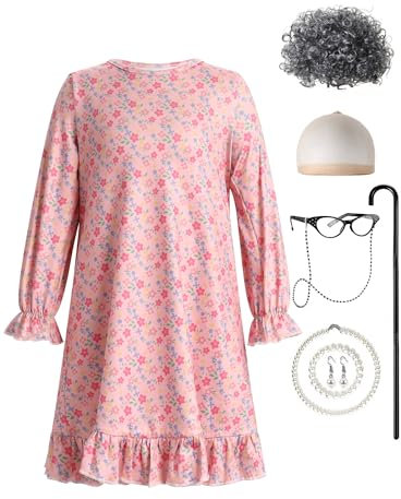 IWEMEK D�guisement Vieille Dame Enfant, Ensemble de Costumes de Vieille Dame avec Perruque de Grand-m�re Grise, Chapeau de Perruque Mamie, Lunettes, Cha�nes de Lunettes, Collier de Perles Rose 4-5y