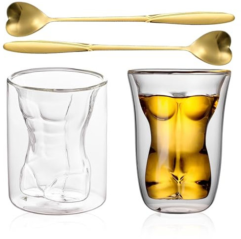 Xiuyer 2 PCS Verre a Shooter Verres à Liqueur Verre a Rhum à Shot a Vodka a Whisky Personnalisable Double Paroi 150ml Livré avec cuillère pour les garçons et les filles