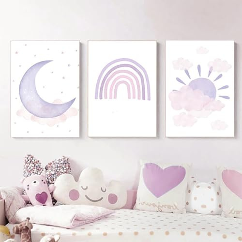 champracer 3er Set Poster Kinderzimmer Deko Bilder Bilder Kinderzimmer Regenbogen Sonne Mond Wandbilder für Jungen Mädchen Wohnzimmer Schlafzimmer Wanddeko Ohne Rahmen (40 * 50cm,lila)