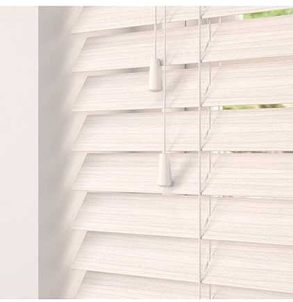 White Oak Faux Wood Venetian Blind 50mm Slats - 60cm Width x 120cm Drop | Fine grain White Oak faux wood Venetian blind with strings. 50mm slats. 60cm width x 120cm drop. Moisture resistant.