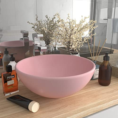 Xichuzi Lavabo de Lujo, Lavabo sobre Encimera, Lavamanos para Baños, Lavabo Baño, Mueble Lavabo, Muebles De Baño, Redondo cerámica Rosa Mate 32,5x14 cm