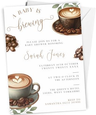 10 x Personalised A Baby Is Brewing Baby Shower Invites - Gender Neutral Coffee Themed Invitations with Envelopes, Unisex Girl or Boy Shower Theme A6